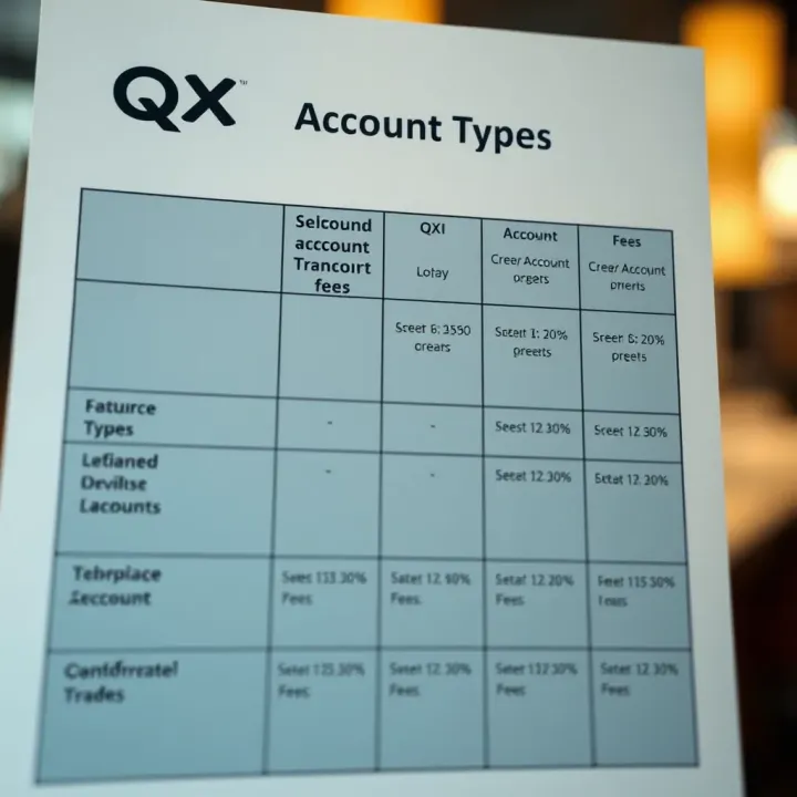 Comparison chart showing different account types and fees offered by QX Broker