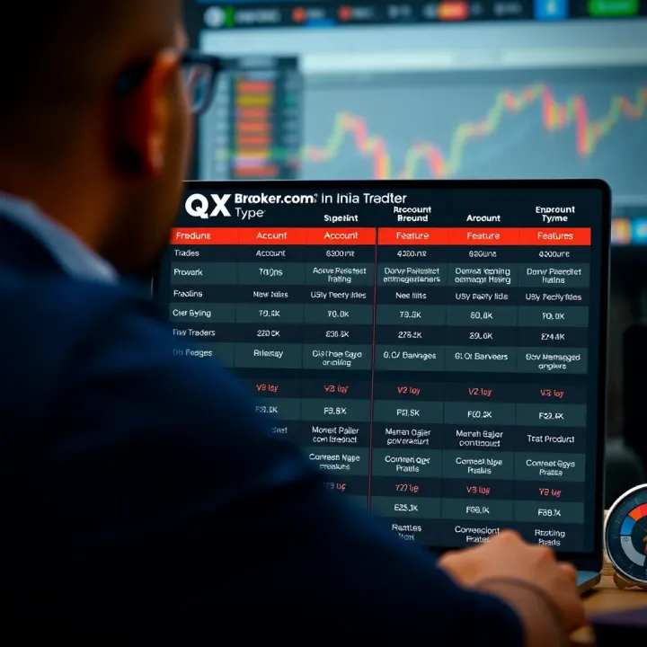 Comparison chart illustrating account types and features available for Indian traders on QX Broker.com