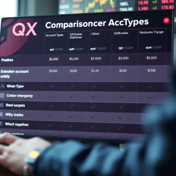 Comparison chart illustrating QXBroker account types and their features for traders