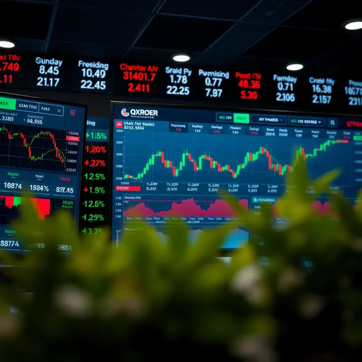 Screenshot of QXBroker trading platform showing various financial instruments and real-time market data
