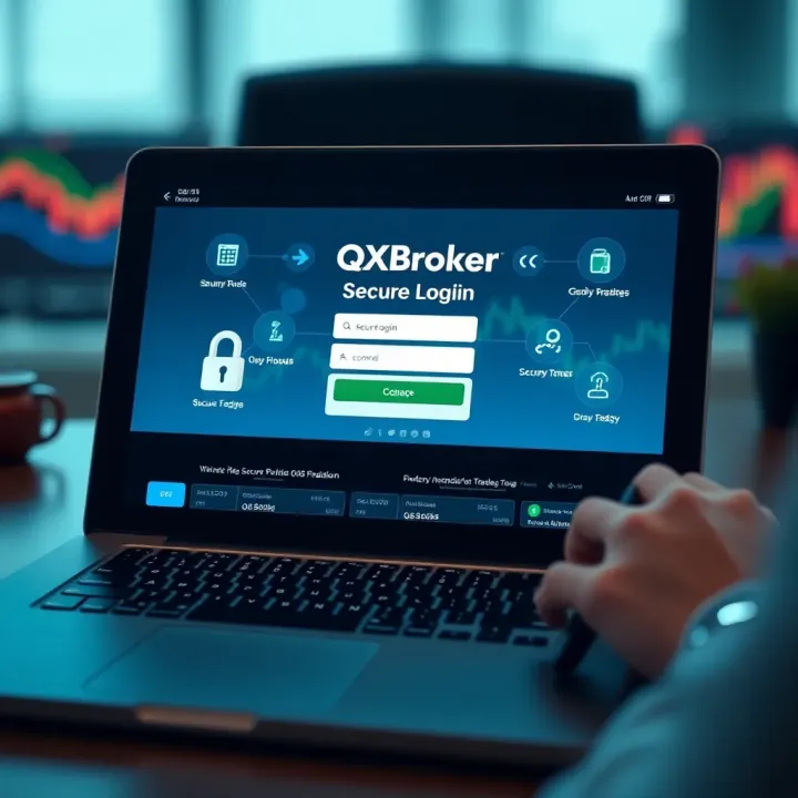 Secure login interface displaying QXBroker platform on a digital device with security icons