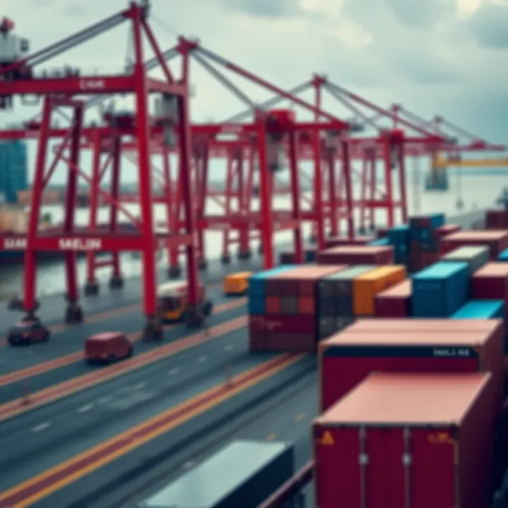Dynamic Port Operations Reflecting the Impact of Shipping Industry Leadership Modern port with numerous shipping containers and cranes illustrating international logistics