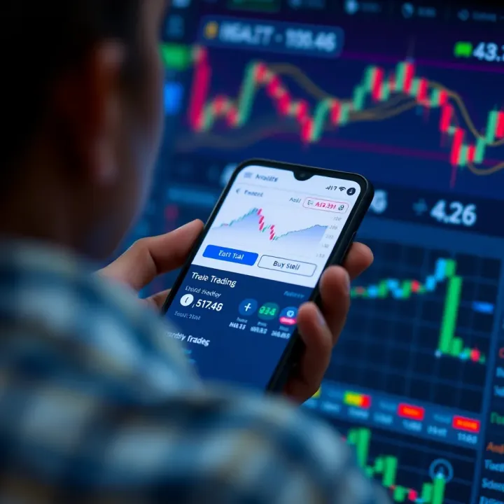 Mobile phone screen displaying a user-friendly trading app interface with market charts and buy sell options