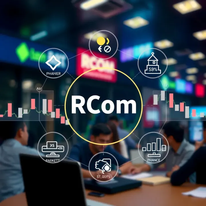 Visual representation of factors influencing stock value including market dynamics, regulatory impacts, and investment strategies for RCom