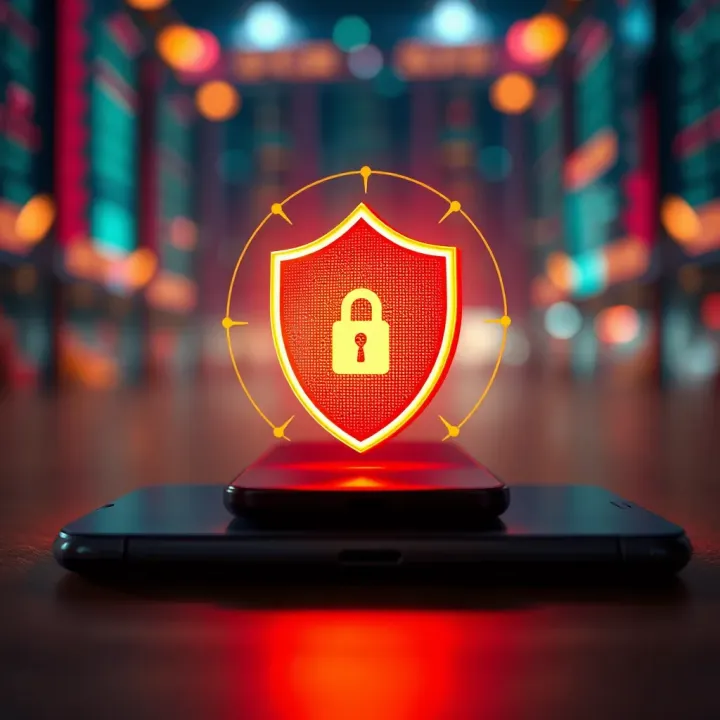 Secure digital shield icon over a mobile device representing safety and protection in online financial transactions