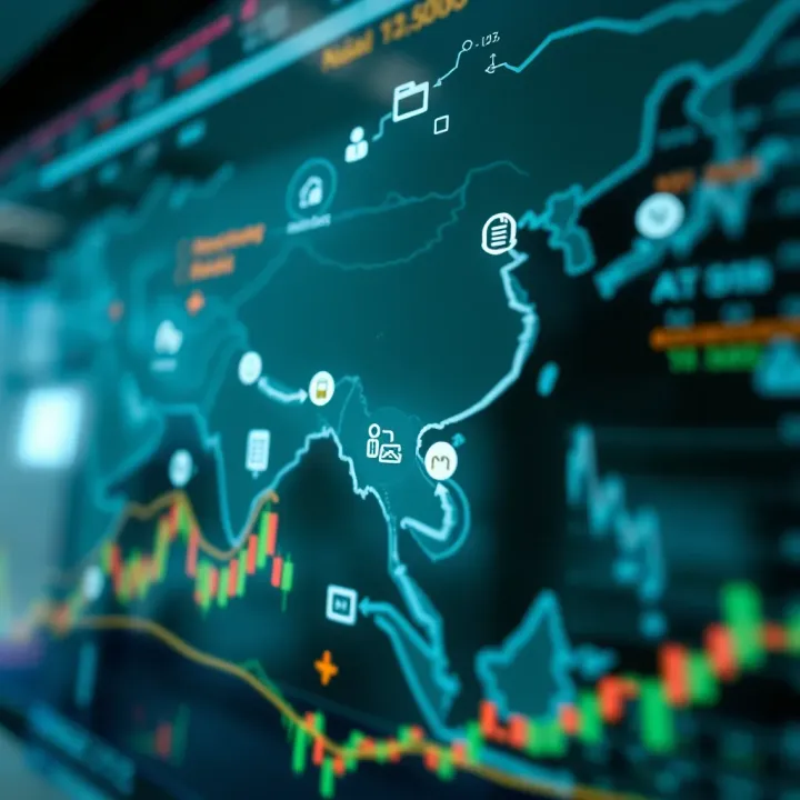 Influence of Economic Policies and Technology on Asia Composite Index Illustration of interconnected Asian economies with icons representing economic policies and technological data flow