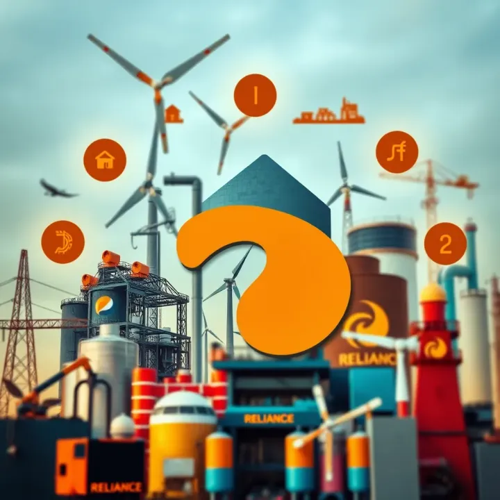 Reliance Industries' Sectoral Expansion and Market Influence Collage of industrial sectors including energy and telecommunications symbolizing company diversification