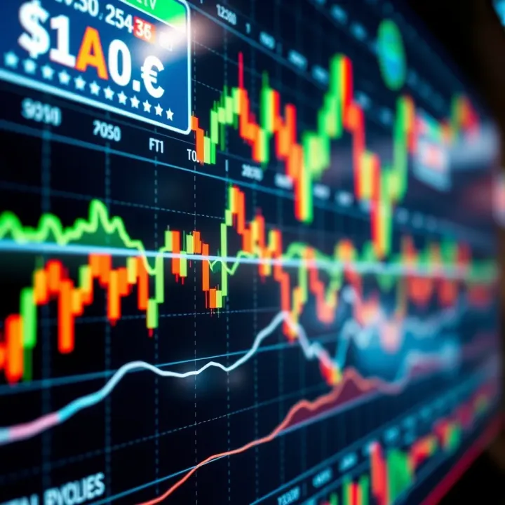 A dynamic digital chart displaying fluctuating forex currency pairs and financial data