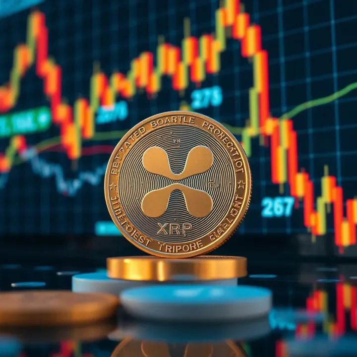 Digital representation of Ripple XRP token surrounded by dynamic financial charts and graphs indicating market trends