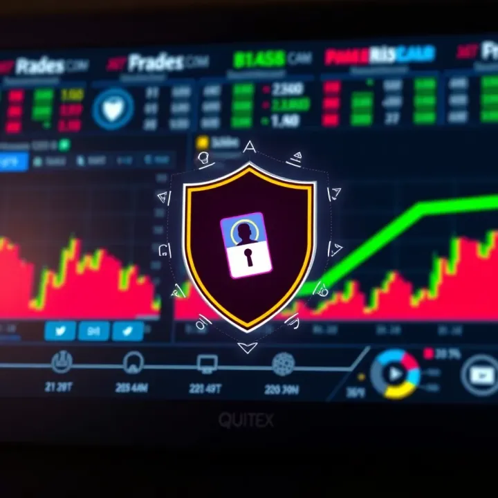 Enhanced Security through Quotex Biometric Verification Secure trading environment highlighted by biometric verification shield and digital ID card icons