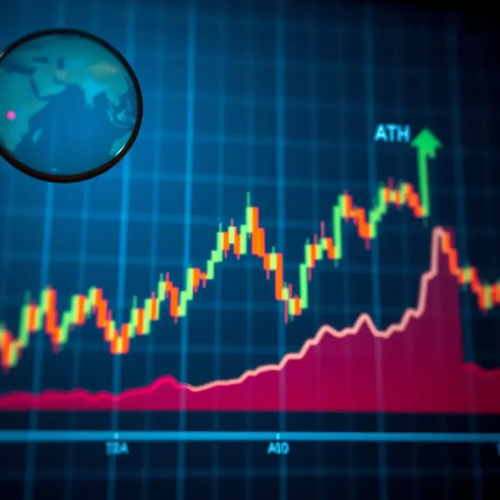 Graph depicting a financial chart reaching a new peak representing an all-time high in trading