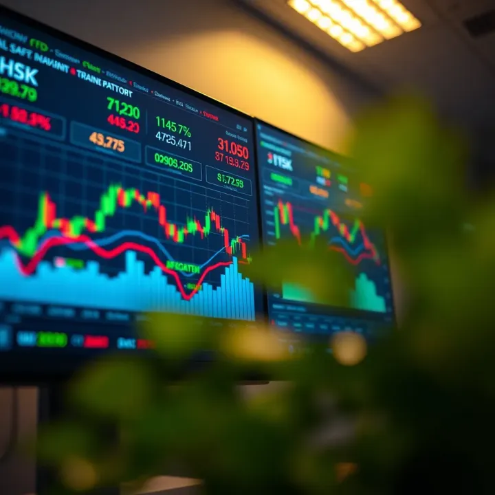 Illustration of digital trading platform interface displaying various asset charts and price movements