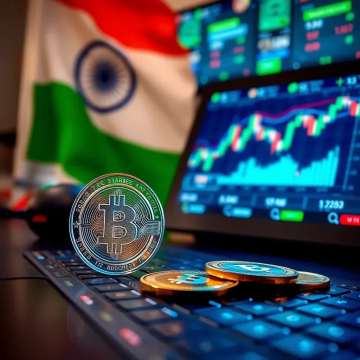 Conceptual graphic showing secure digital transactions with blockchain elements and Indian flag
