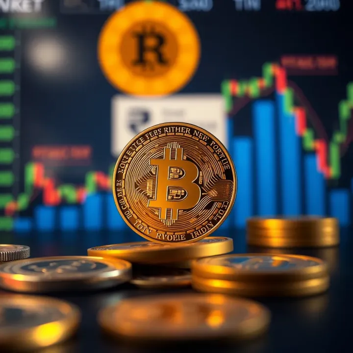 Digital representation of cryptocurrency symbols with Indian rupee sign in background