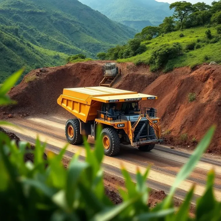 Illustration showing eco-friendly mining equipment operating amid green landscapes representing sustainable mining methods