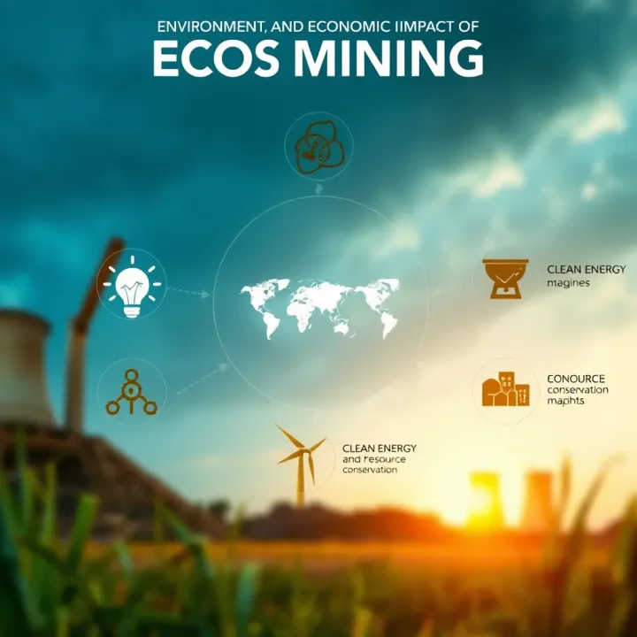 Diagram highlighting the environmental and economic impacts of ECOS mining with icons for clean energy and resource conservation