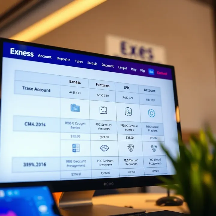 Overview of different Exness account types with icons representing features and minimum deposit levels