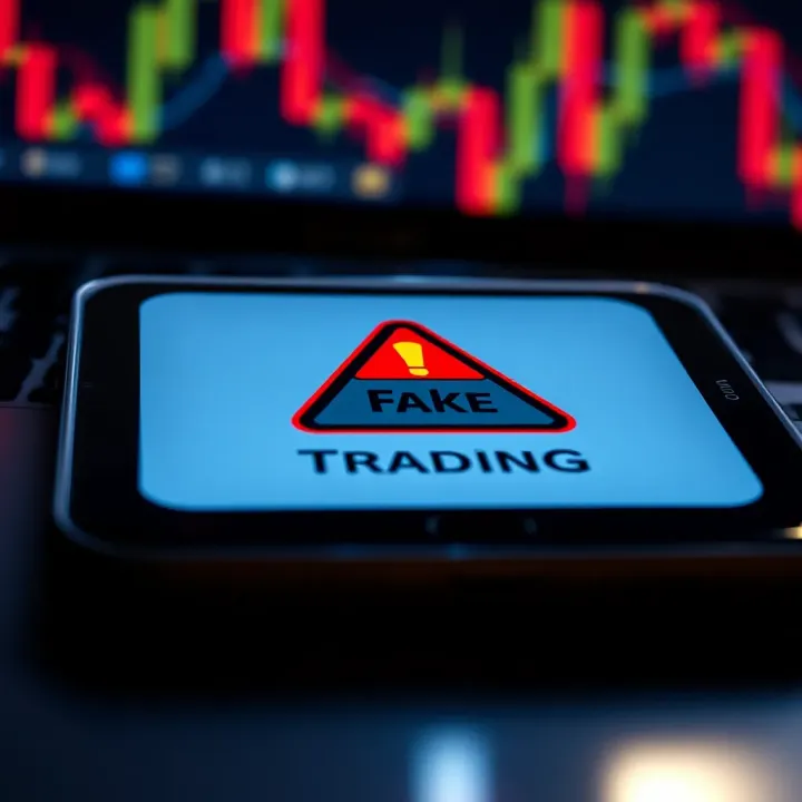 Representation of a mobile device displaying a fake trading app with warning symbols indicating potential fraud