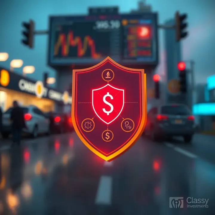 Graphic illustrating a shield protecting financial assets with icons symbolizing detection and prevention of digital trading scams