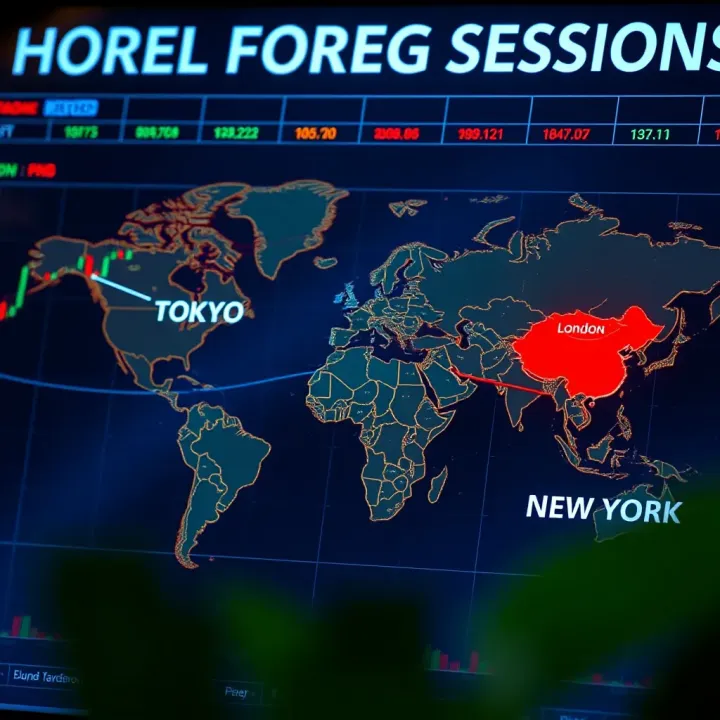 World map highlighting major forex trading sessions including Tokyo, London, and New York