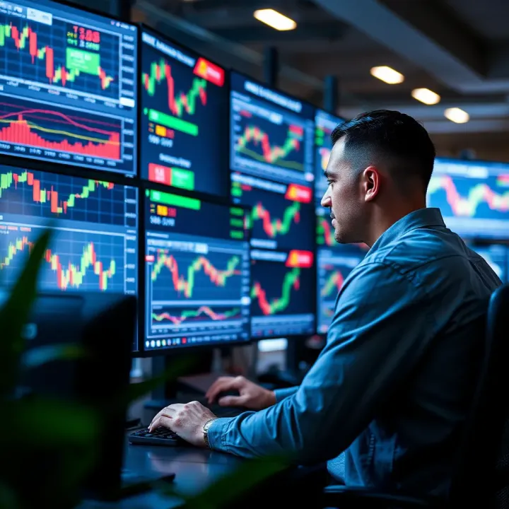 Trader analyzing currency charts on multiple computer screens showing forex market data