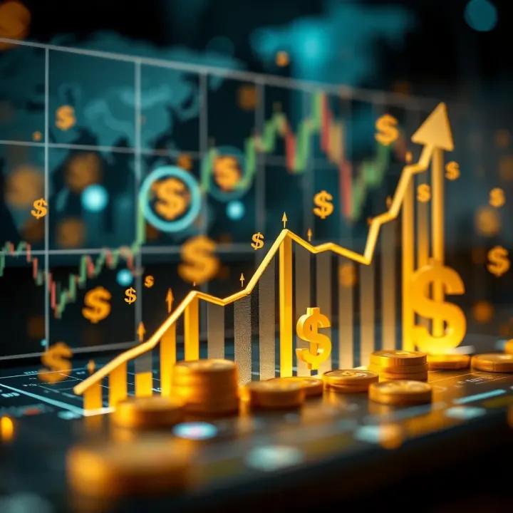 Abstract representation of digital investment concepts with icons of currency symbols and upward trending graphs