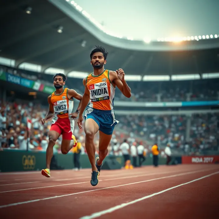 Indian athletes competing on track with a cheering stadium crowd