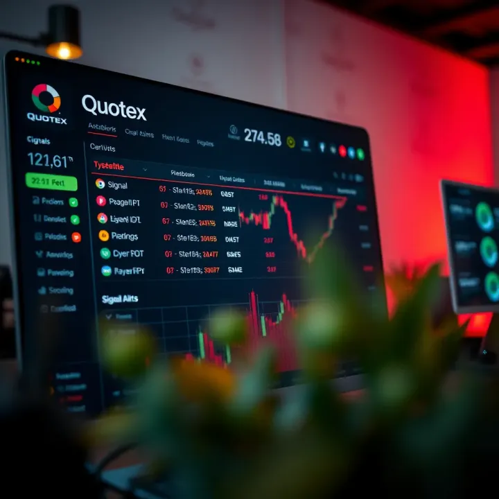 Dashboard view of Quotex platform displaying signal alerts and trading options
