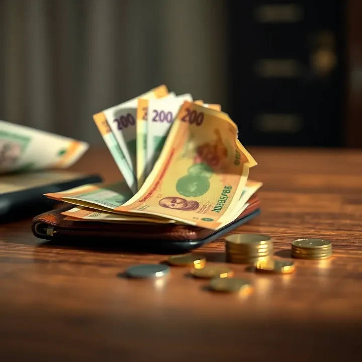 Wallet with Indian currency notes and coins placed on wooden table